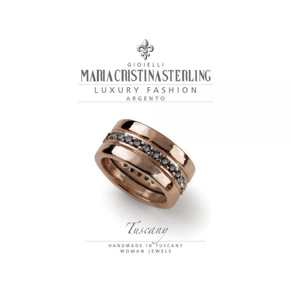 anello donna-argento rosa e cristalli neri-tuscany-maria cristina sterling