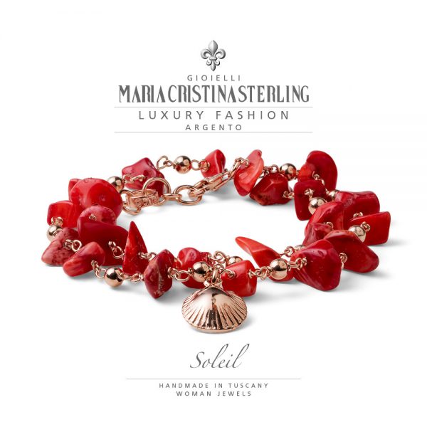 Bracciale donna due giri- argento oro rosa e calcite rossa-ciondolo conchiglia-collezione Soleil-Maria Cristina Sterling