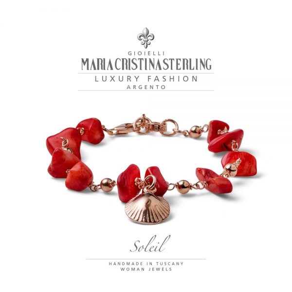 Bracciale donna-argento oro rosa e calcite rossa-ciondolo conchiglia-collezione Soleil-Maria Cristina Sterling