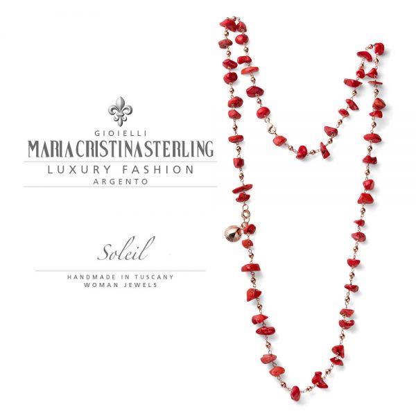 Collana donna-argento oro rosa e calcite rossa-ciondolo conchiglia-collezione Soleil-Maria Cristina Sterling