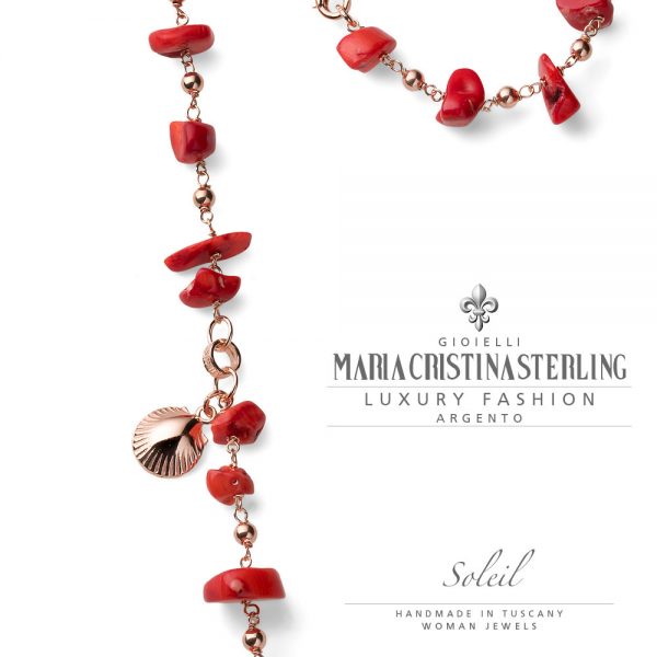 Collana donna-argento oros rosa e calcite rossa- ciondolo conchiglia-collezione Soleil-Maria Cristina Sterling