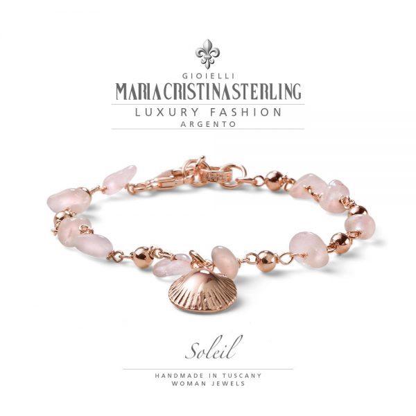 Bracciale donna- argento oro rosa e quarzo rosa-ciondolo conchiglia-collezione Soleil-Maria Cristina Sterling