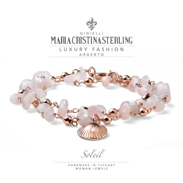 Bracciale donna due giri-argento oro rosa e quarzo rosa- ciondolo conchiglia-collezione Soleil-Maria Cristina Sterling