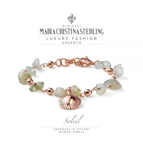 Bracciale donna- argento oro rosa e prehnite- ciondoloconchiglia- collezione Soleil-Maria Cristina Sterling