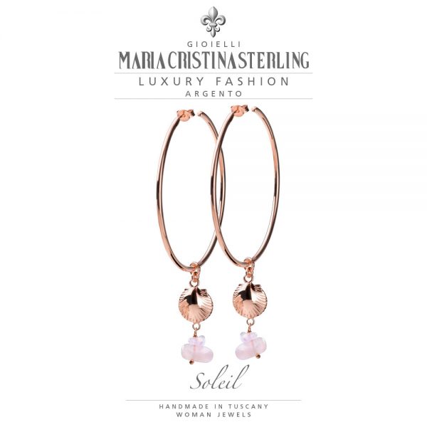 Orecchini donna- argento oro rosa e quarzo rosa- ciondolo conchiglia- collezione Soleil-Maria Cristina Sterling