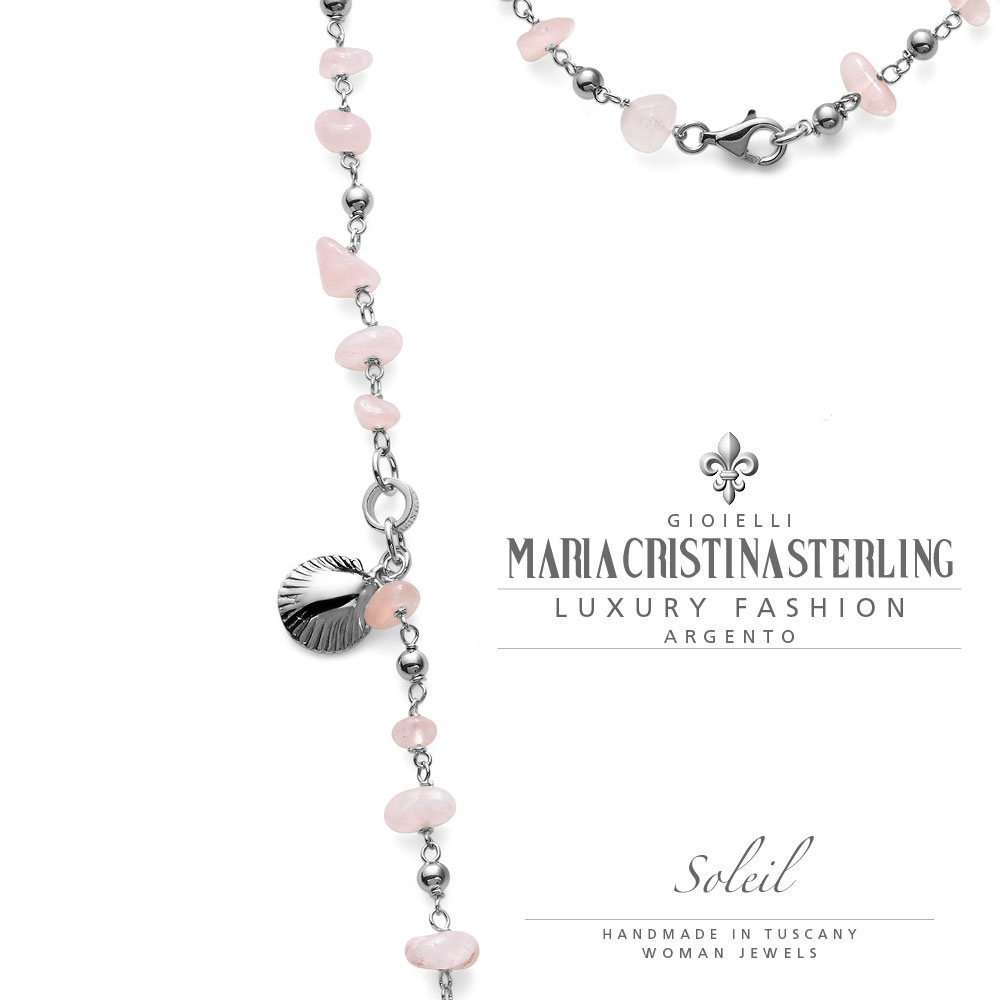 Collana donna- argento e quarzo rosa- ciondolo conchiglia-collezione Soleil-Maria Cristina Sterling