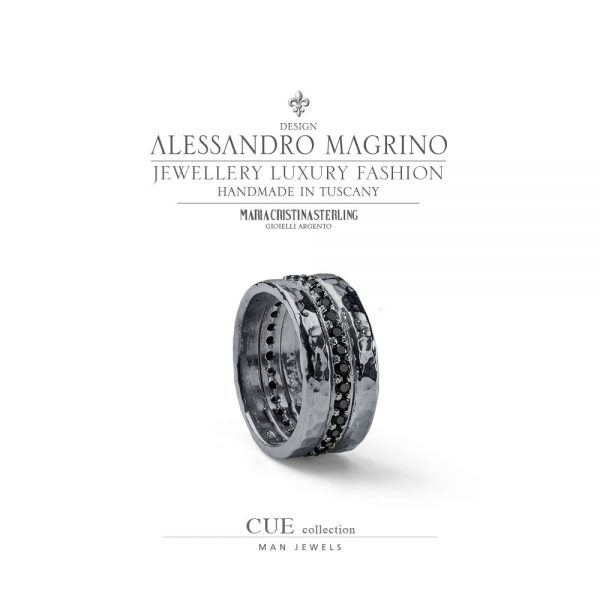 Anello uomo - argento rutenio e cristalli neri - collezione Cue - Alessandro Magrino