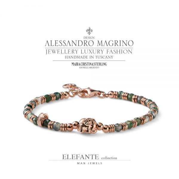 Bracciale uomo - argento rosa con cerchietti e ciondolo agata verde - collezione Elefante - Alessandro Magrino