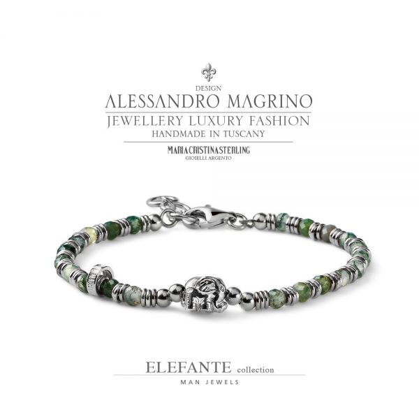 Bracciale uomo - argento con cerchietti e ciondolo agata verde - collezione Elefante - Alessandro Magrino