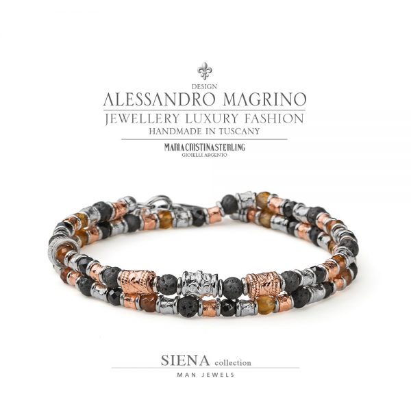 Bracciale uomo due giri - argento e argento rosa e mix di pietre - collezione Siena - Alessandro Magrino