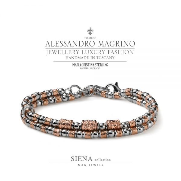 Bracciale uomo due giri - sfere argento e argento rosa pepite - collezione Siena - Alessandro Magrino