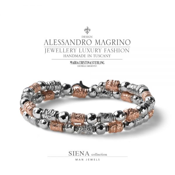 Bracciale uomo due giri - pepite e sfere argento pepite argento rosa - collezione Siena - Alessandro Magrino