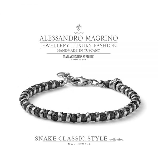 Bracciale uomo - argento e perle di lava - collezione Snake Classic Style - Alessandro Magrino