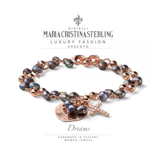 Bracciale donna due giri - argento rosa e perle grigie cuore croce - collezione Dreams - Maria Cristina Sterling