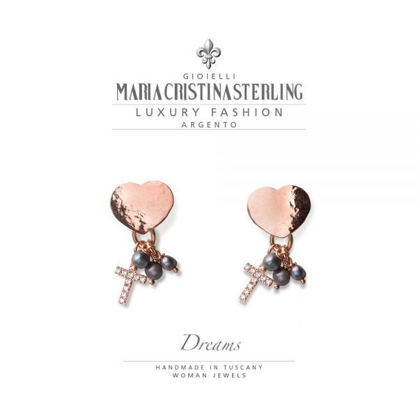Orecchini donna - argento oro rosa e perle grigie a cuore con pendente croce - collezione Dreams - Maria Cristina Sterling