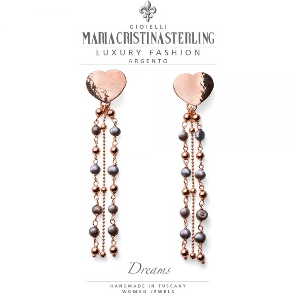 Orecchini donna - cuore argento rosa e cascate perle grigie - collezione Dreams - Maria Cristina Sterling