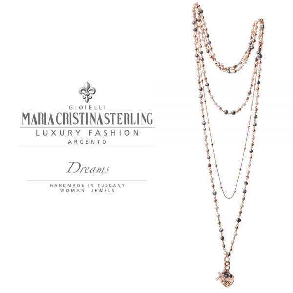 Collana donna tre giri - argento rosa e perle bicolor pendente a cuore - collezione Dreams - Maria Cristina Sterling