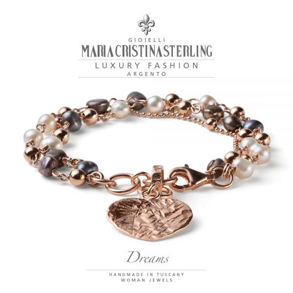 Bracciale donna due giri - argento rosa e perle bicolor cuore - collezione Dreams - Maria Cristina Sterling