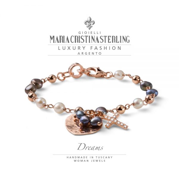 Bracciale donna - argento rosa e perle bicolor cuore croce - collezione Dreams - Maria Cristina Sterling