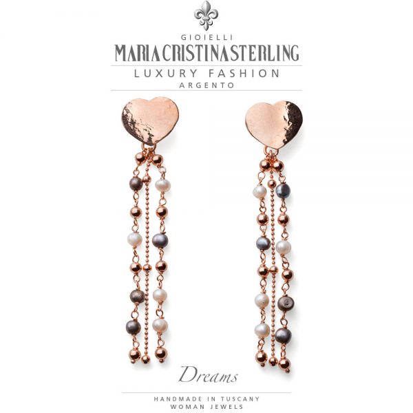 Orecchini donna - cuore argento rosa e cascate perle bicolor - collezione Dreams - Maria Cristina Sterling