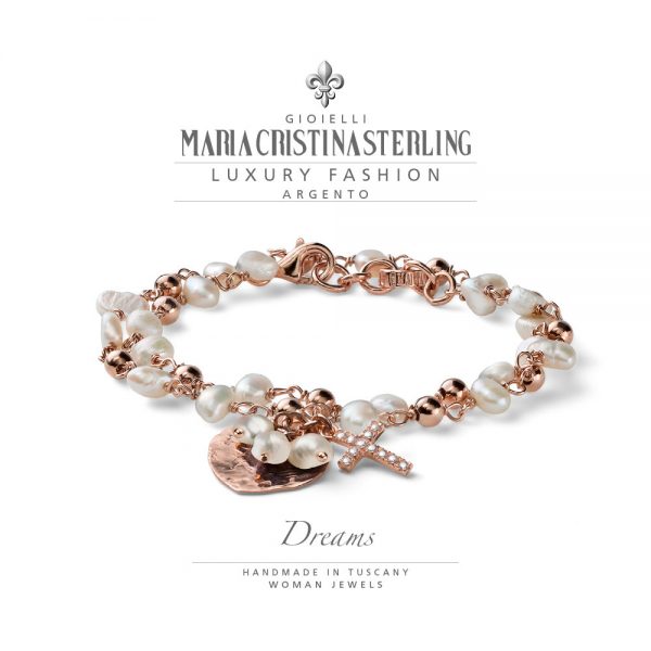Bracciale donna due giri - argento rosa e perle bianche con pendente cuore croce - collezione Dreams - Maria Cristina Sterling