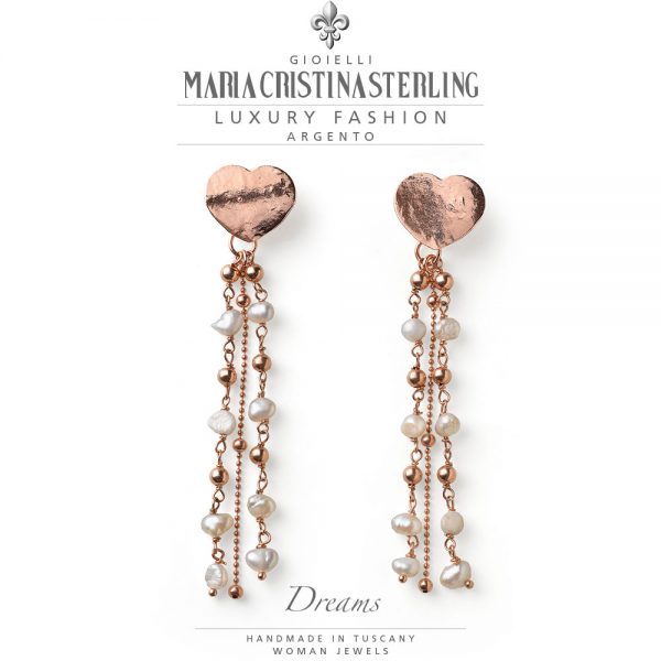 Orecchini donna - cuore argento rosa e cascate perle bianche - collezione Dreams - Maria Cristina Sterling