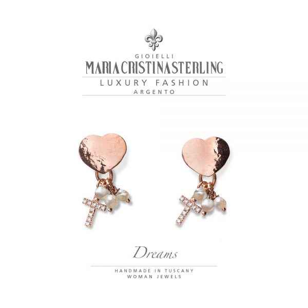 Orecchini donna - cuore argento oro rosa e perle bianche ciondolo croce - collezione Dreams - Maria Cristina Sterling