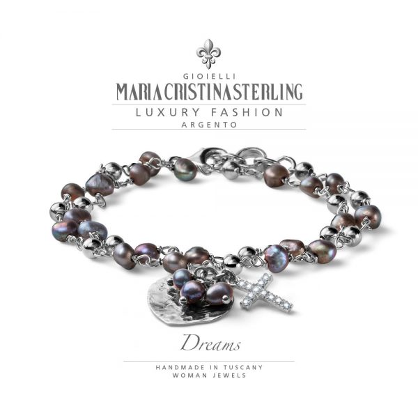 Bracciale donna due giri - argento perle grigie cuore croce - collezione Dreams - Maria Cristina Sterling