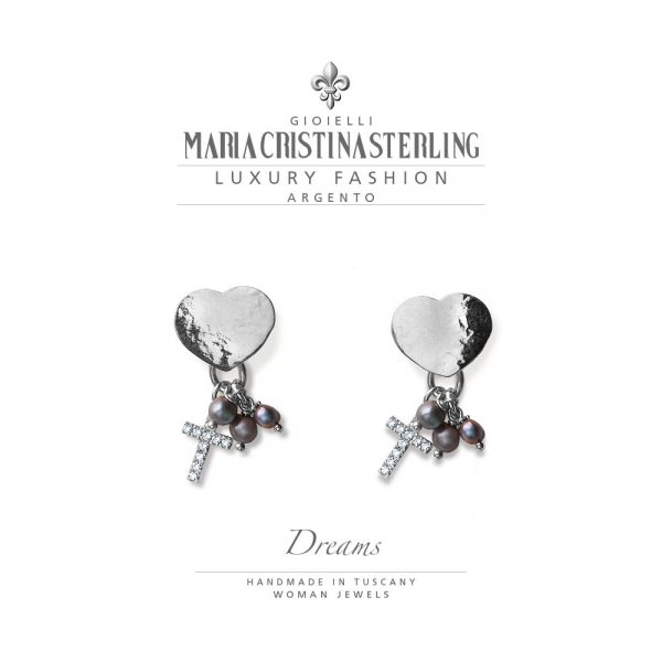 Orecchini donna - cuore argento con pendente perle e croce - collezione Dreams - Maria Cristina Sterling