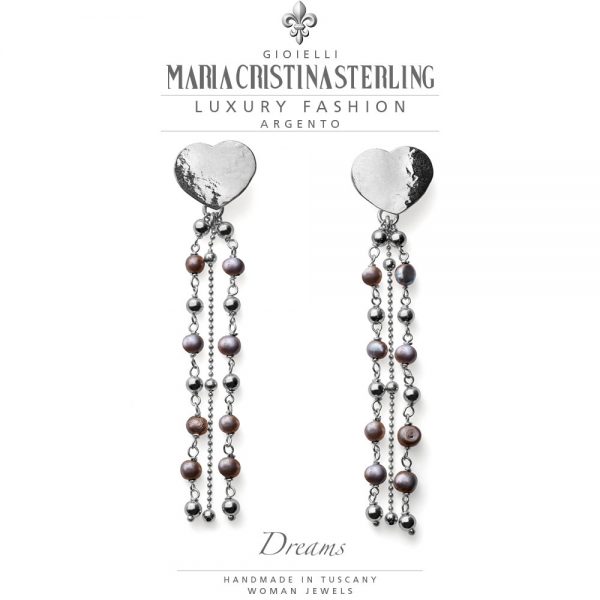 Orecchini donna - cuore argento con cascata perle grigie - collezione Dreams - Maria Cristina Sterling