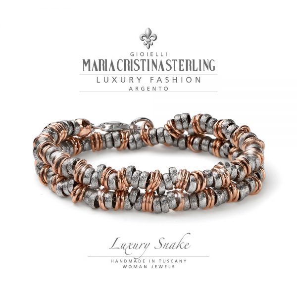 Bracciale donna due giri - argento bicolor pepite e cerchi - collezione Luxury Snake - Maria Cristina Sterling