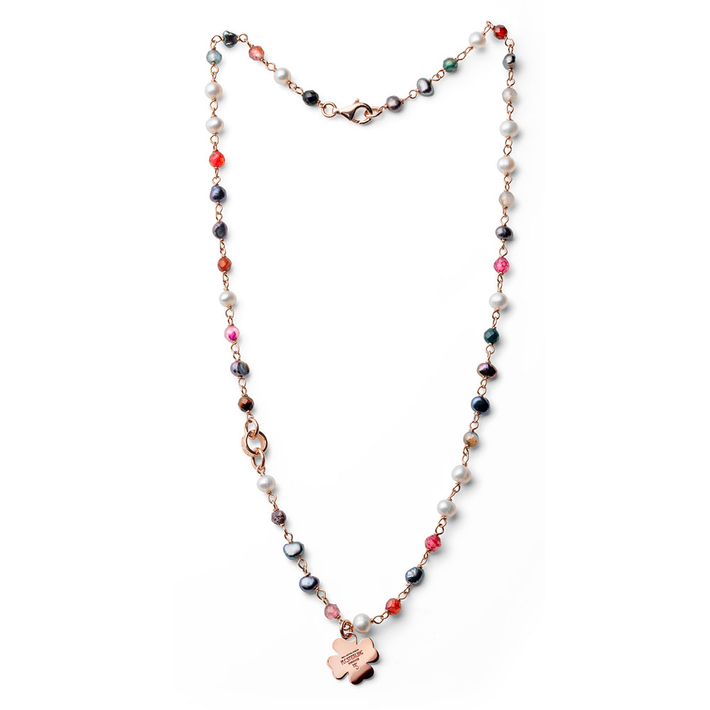 collana-donna-argento rosa-quadrifoglio-mix pietre